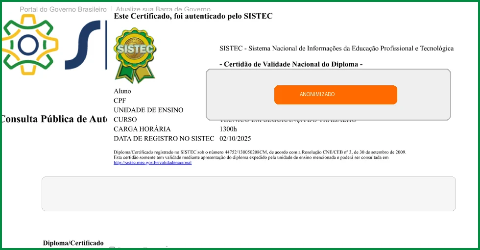 Certificado SISTEC autenticado com dados ocultados