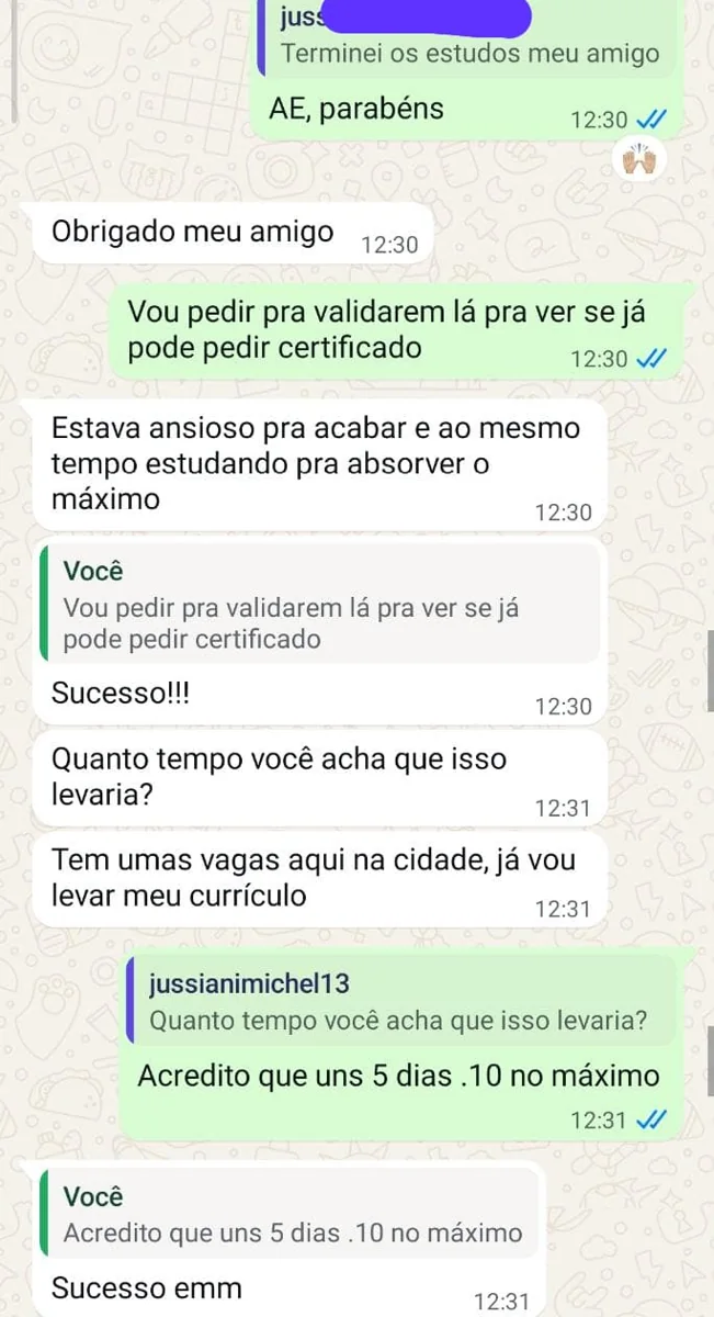 Depoimento real de aluno no WhatsApp com dados preservados