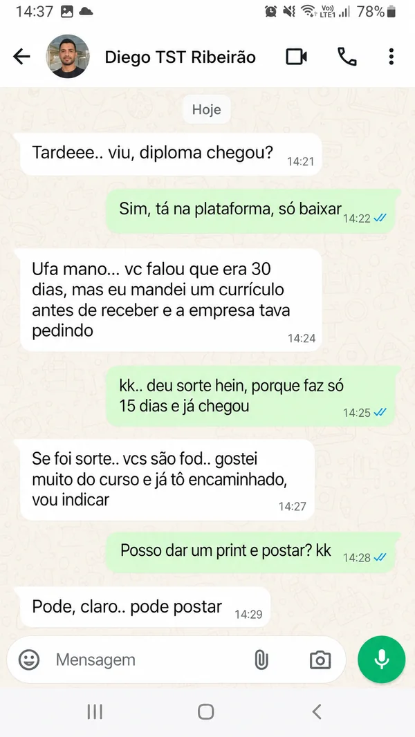 Print de WhatsApp do aluno Diego de Ribeirão Preto informando que conseguiu oportunidade antes do diploma
