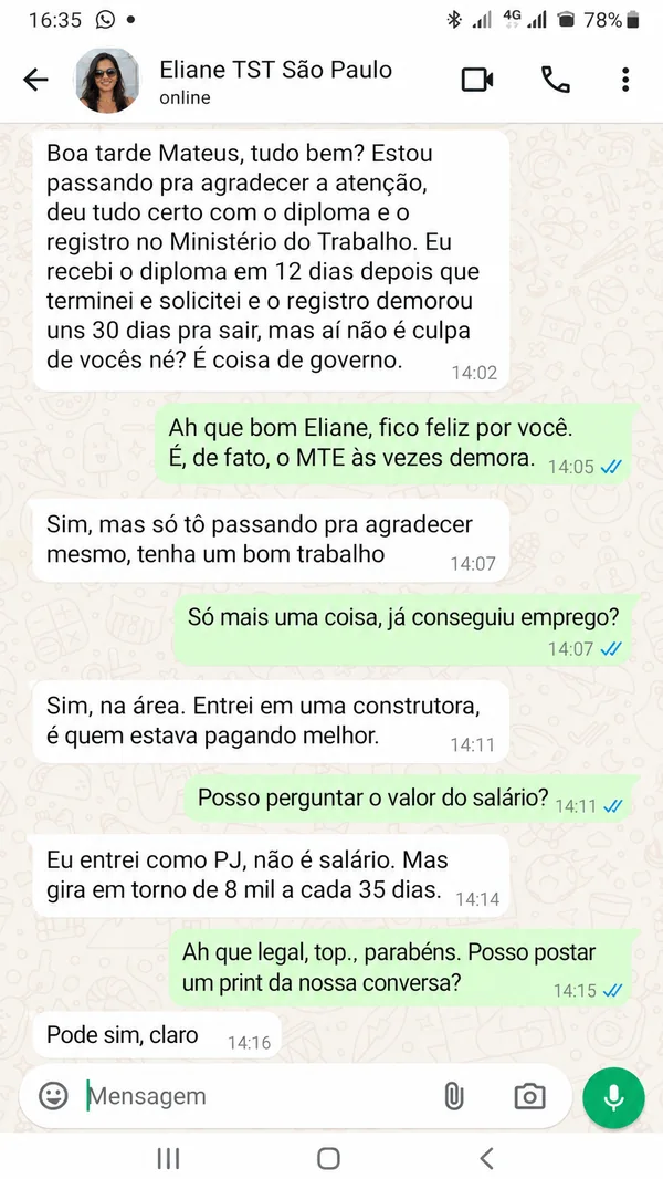 Print de WhatsApp da aluna Eliane de São Paulo relatando diploma em 12 dias, registro em 30 dias e atuação em construtora