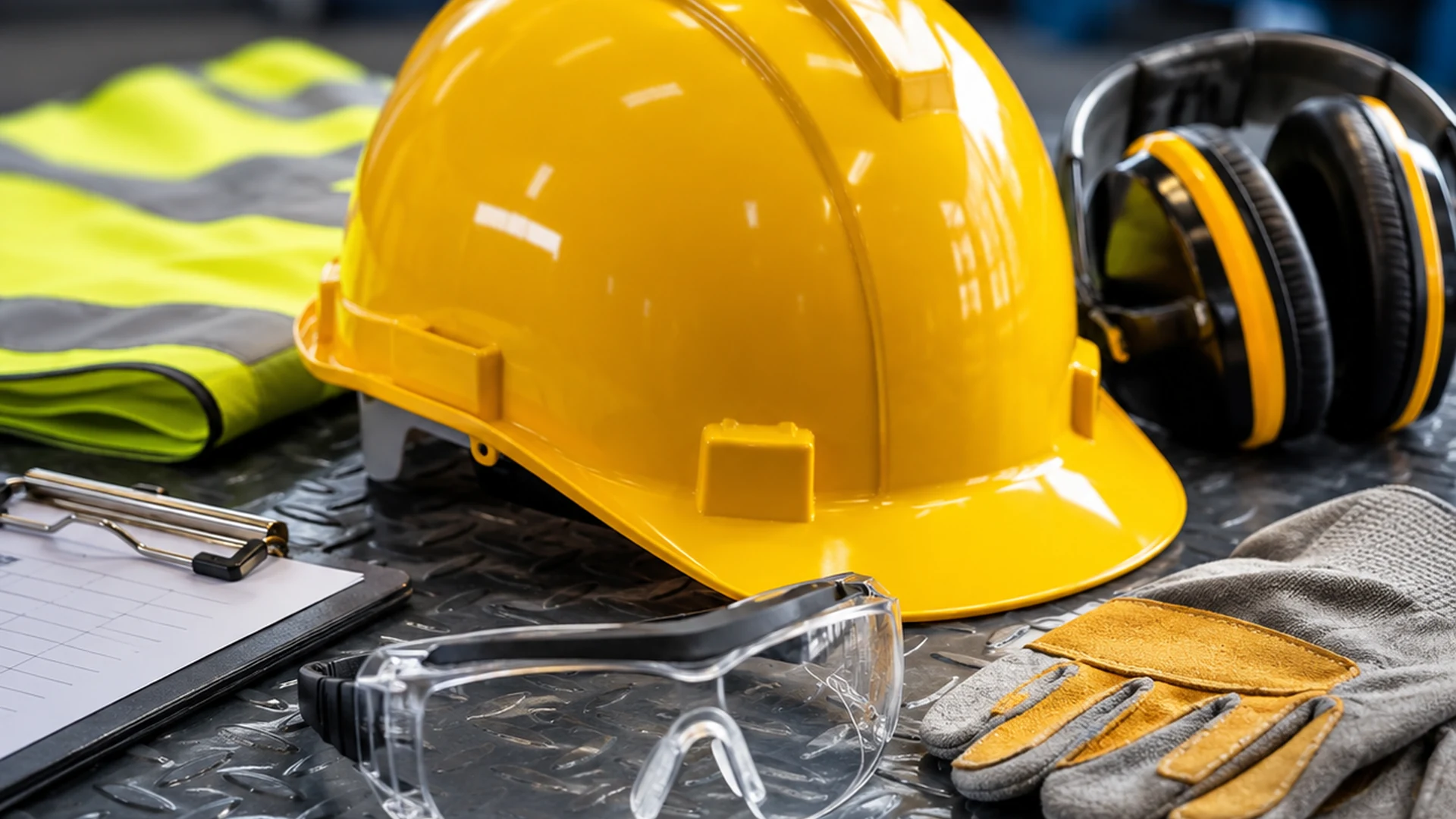 Capacete amarelo e equipamento de proteção individual